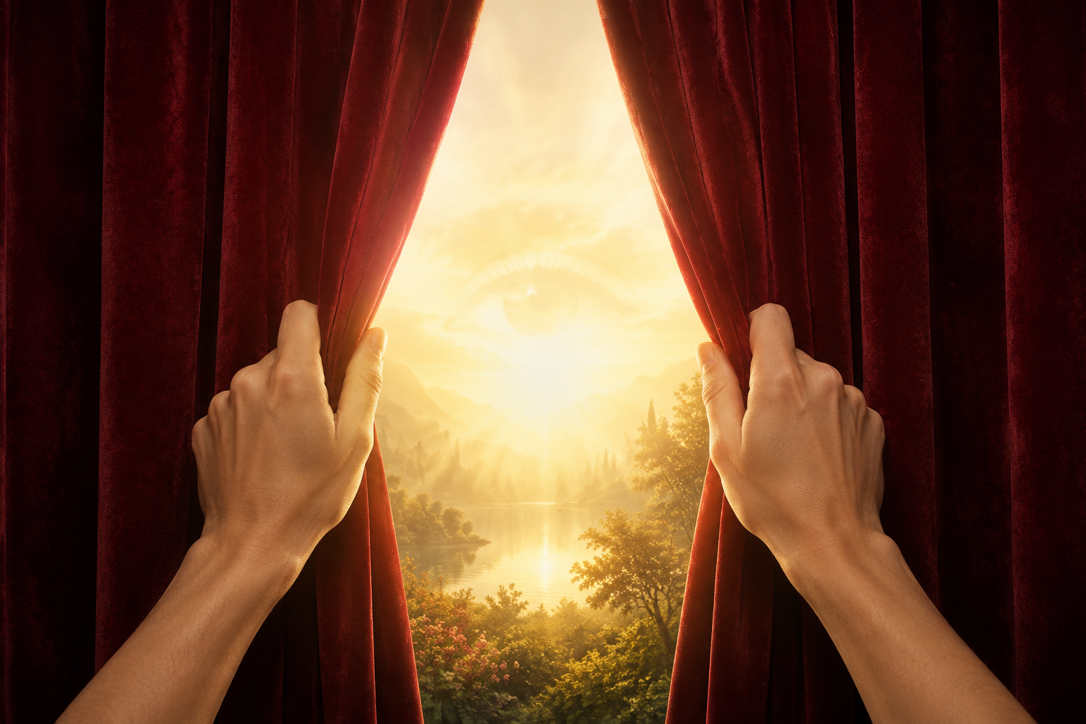 Due mani aprono un sipario verso una luce evocativa